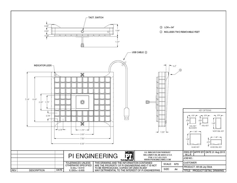 X-keys XK-68+Joystick Dimensioned Drawing